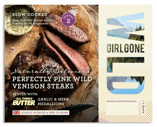NEW! Perfectly Pink Wild Venison Steaks with All Things Butter Garlic & Herb Medallions, Serves 2