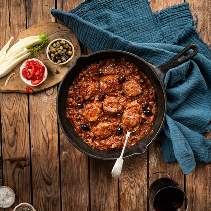 Wild Venison Chilli & Fennel Meatballs with Puttanesca Sauce, Serves 2
