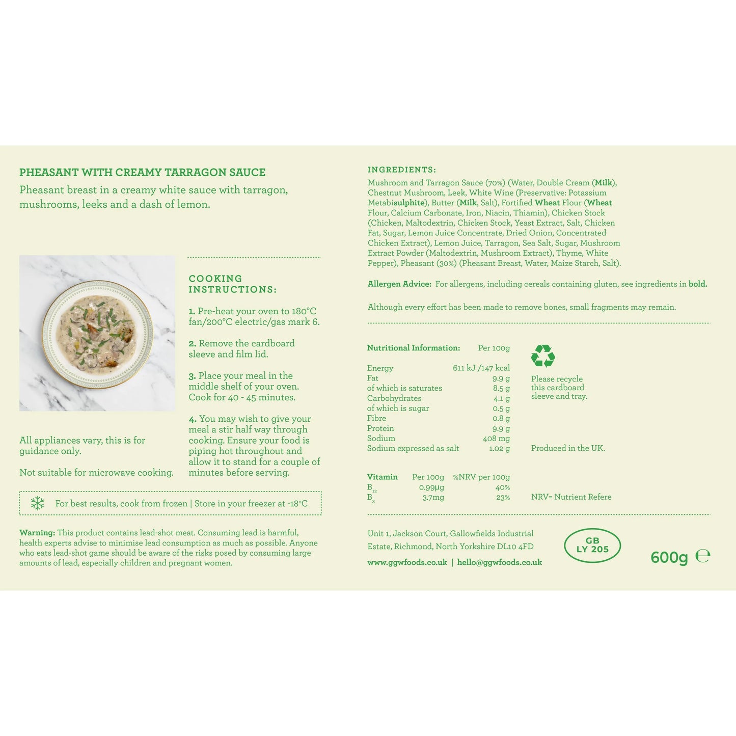Pheasant with Creamy Tarragon Sauce, Serves 2