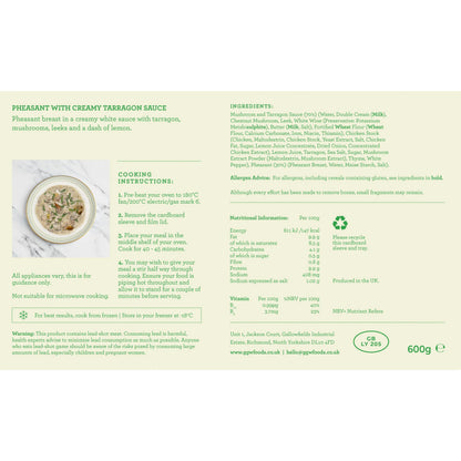 Pheasant with Creamy Tarragon Sauce, Serves 2