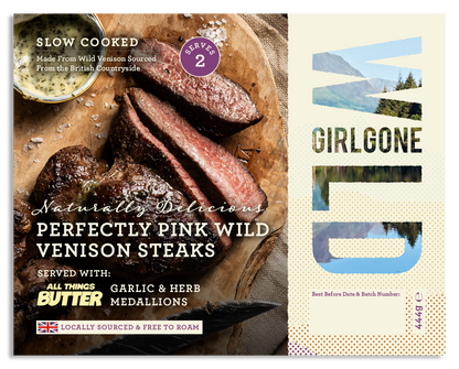 NEW! Perfectly Pink Wild Venison Steaks with All Things Butter Garlic & Herb Medallions, Serves 2